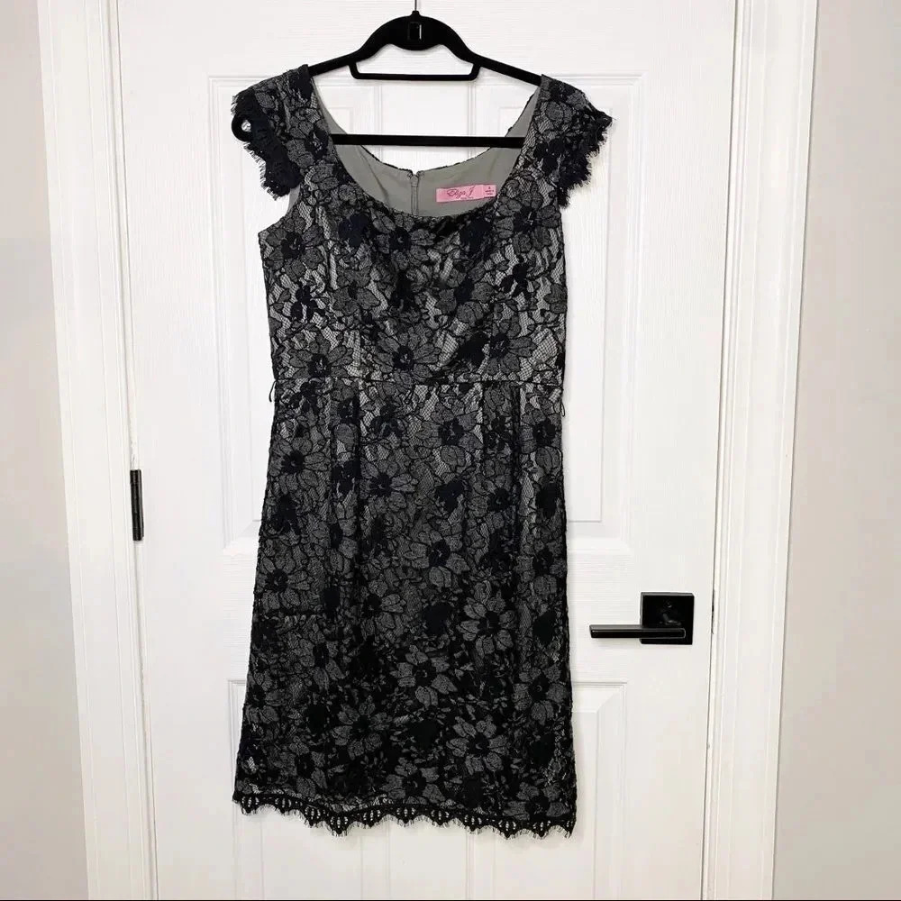 ELIZA J Black Floral‎ Lace Sheath Cap Sleeves Cocktail Dress Sz 8